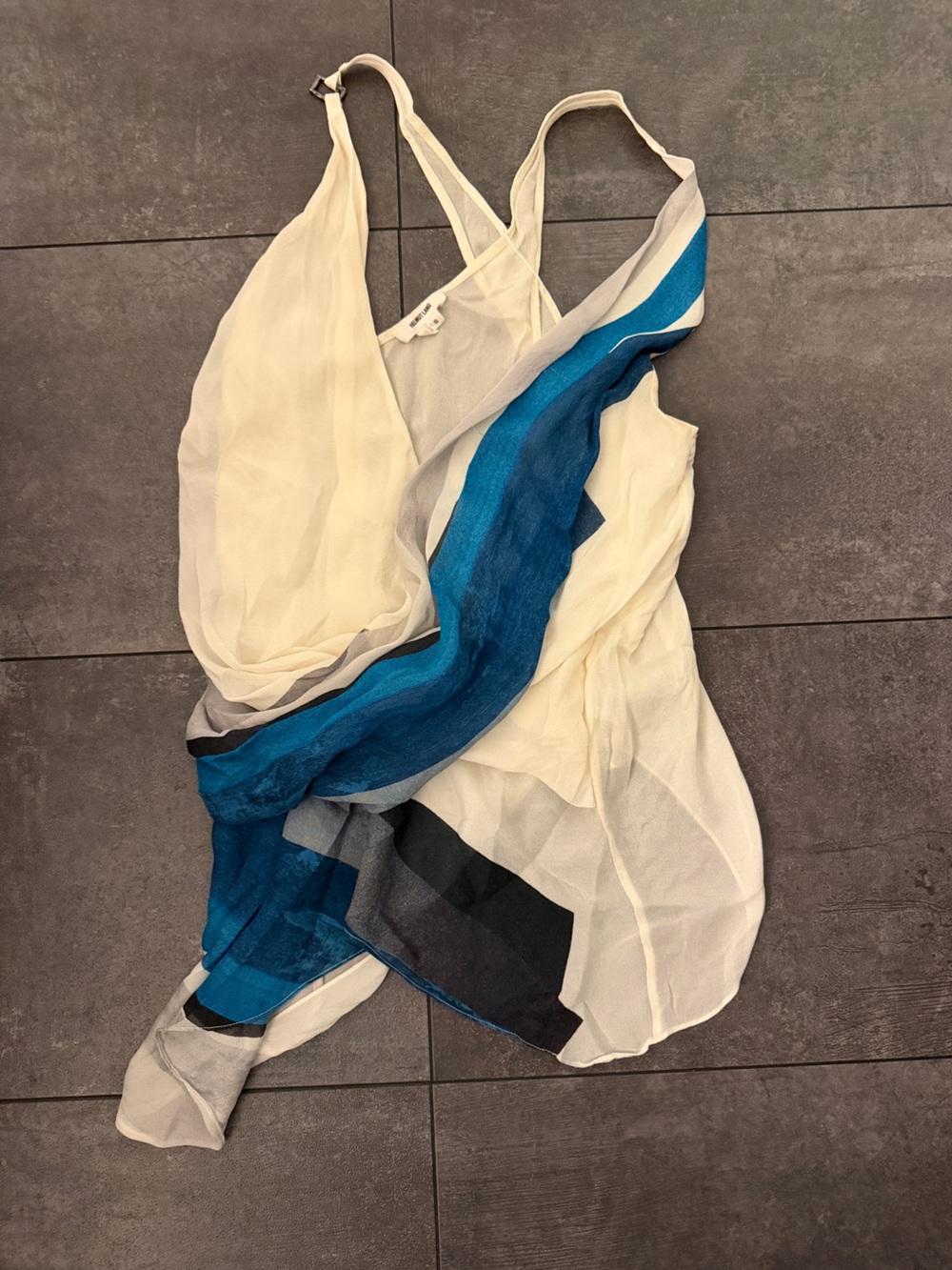 Helmut Lang Ivory Sheer Top with Teal and Black Accent